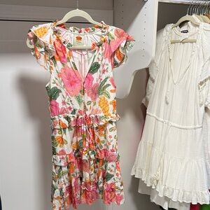 Farm Rio Bright Floral Ruffle Tiered Dress - Pink & Green Print. Size M
